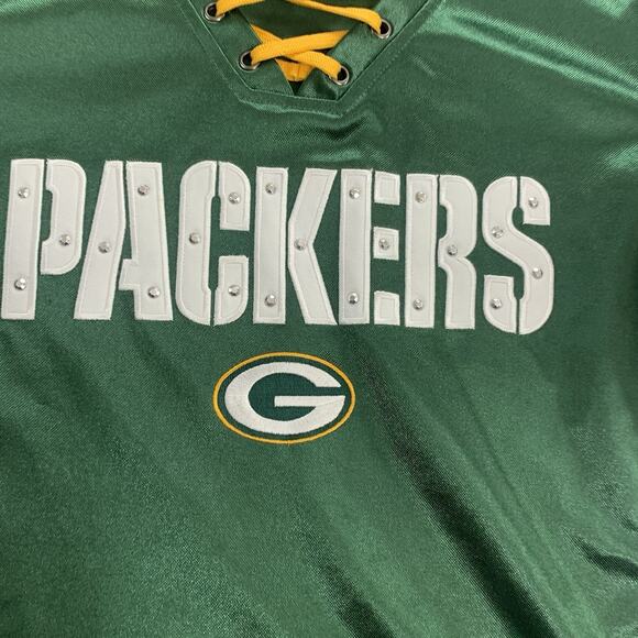 Green Bay Packers Womens Jersey Small NFL Team Apparel 1st & Fashion Rhinestone - Picture 2 of 8
